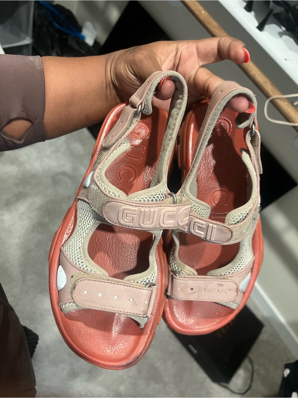 Gucci Pink Coral Leather & Mesh Logo Sport Sandals